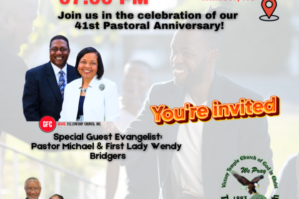 Sept 12, 2024 at 7:00 PM Pastor Michael Bridgers will come to speak during our 41st Pastor’s Anniversary.