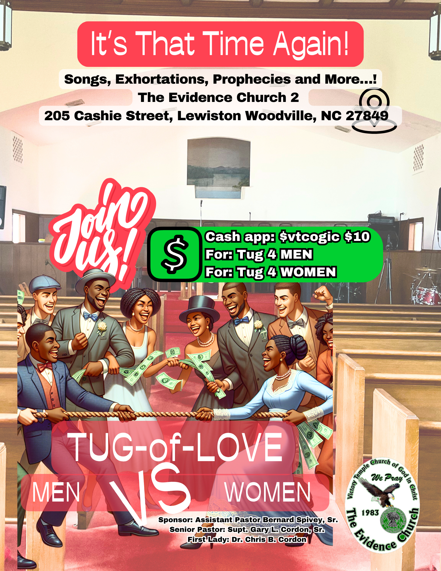 Tug of Love Fundraising Challenge at The Evidence Church 2, 205 Cashie Street, Lewiston Woodville, NC 27849 at 3:00 PM.