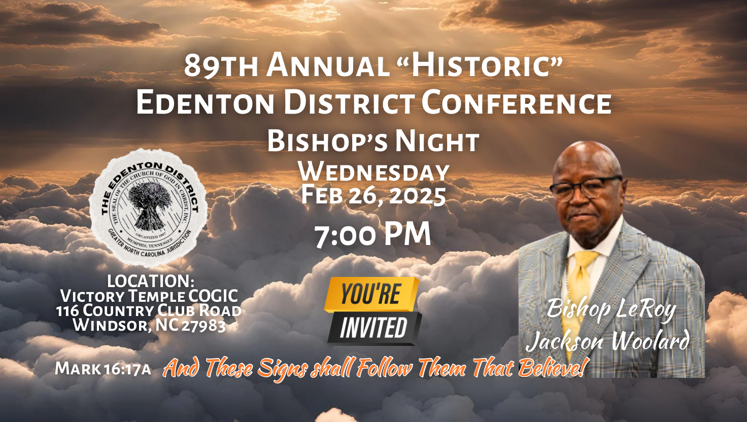 Bishop LeRoy Jackson Woolard, Prelate of Greater North Carolina Jurisdiction Church of God in Christ and Pastor of Greater Harvest Fellowship Church of God in Christ will bring life and deliverance through an anointed Word. 