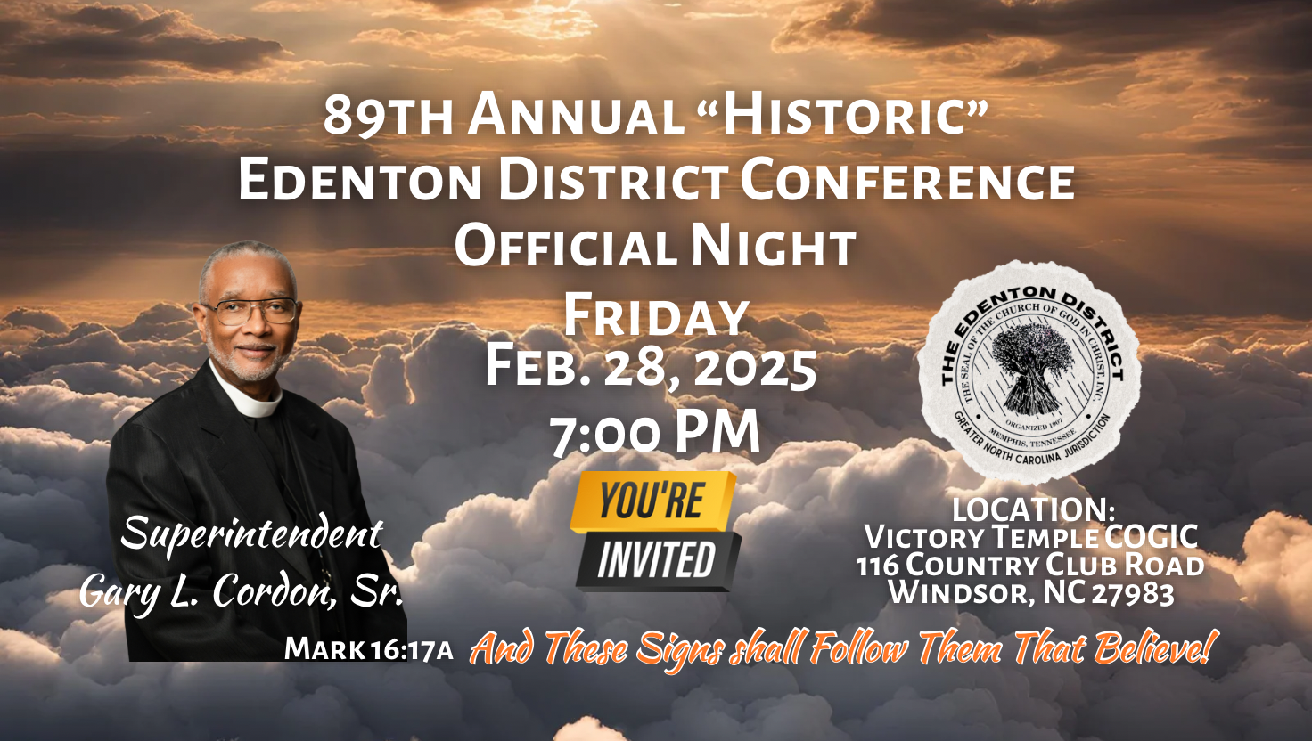 District Superintendent Gary L. Cordon, Sr. Will bring the Conference Message for the week. He is an unusually gifted Pastor Prophetic Teacher who will bring a strong life changing word to you.