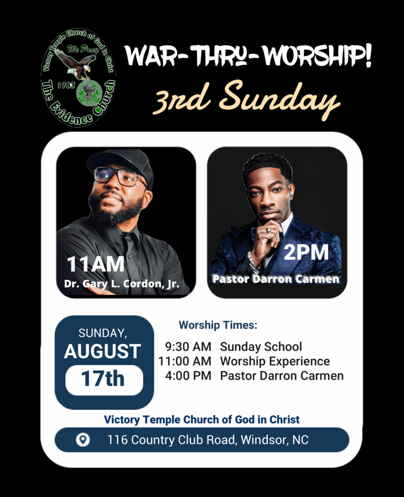 ⚔️ August 17 – YOUTH DAY: “We Declare War!” 
🕘 9:30 AM – Sunday School 
🕚 11:00 AM – Main Service - Youth Pastor Dr. Gary L. Cordon, Jr. 

🕑 2:00 PM – Afternoon Encounter 
📍205 Cashie Street, Lewiston Woodville, NC 
💥 Special Guest: Pastor Darron Carmen 
A powerful testimony of divine deliverance from wrongful imprisonment—he is coming to shake the chains off this generation! 
📣 We are mobilizing all children, teens, and young adults. Bring your sons and daughters! 
Greater Village Gate Church and Rebuild Christian Center are marching with us to honor First Lady Chris B. Cordon. 
🎯 ACTION: All youth leaders, mentors, and parents must confirm participation by August 10
