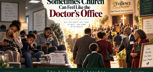 Family waiting in a doctor’s office contrasted with a welcoming worship gathering at The Evidence Churches.