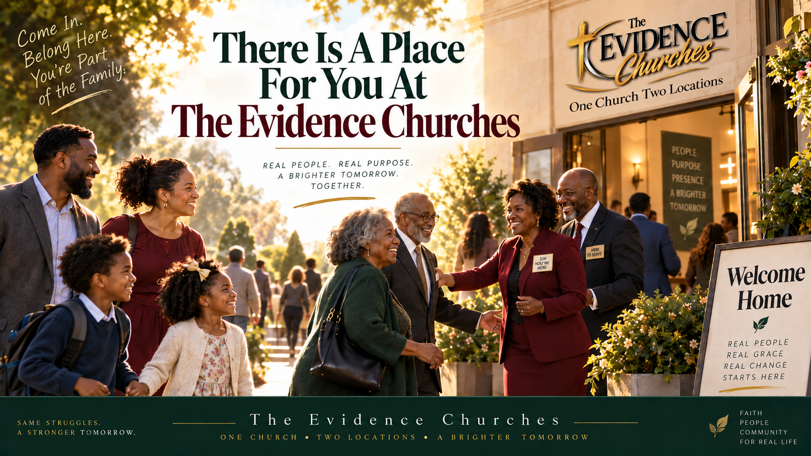 Multi-generational families warmly welcomed at The Evidence Churches beneath the One Church Two Locations identity.